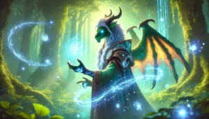 Evoker Soothe, WoW Healing, Dragonflight Class Skills A World of Warcraft Evoker casting Soothe, glowing with vibrant magical effects amidst a lush in-game forest setting.