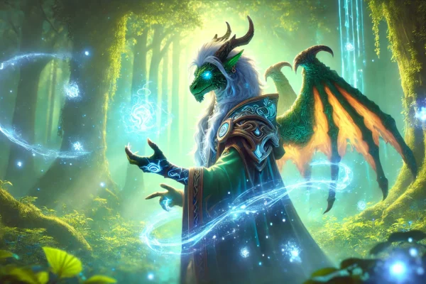 A World of Warcraft Evoker casting Soothe, glowing with vibrant magical effects amidst a lush in-game forest setting.