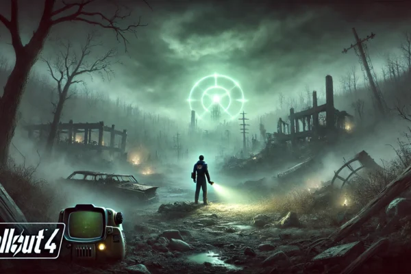 A tense scene in Fallout 4 with a player tracking the Mysterious Signal amidst post-apocalyptic ruins and advanced technology.