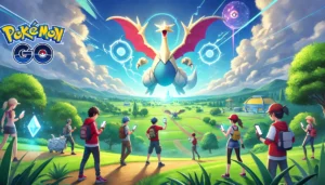 Pokémon Go Raid Schedule with trainers battling legendary Pokémon in a scenic outdoor location.