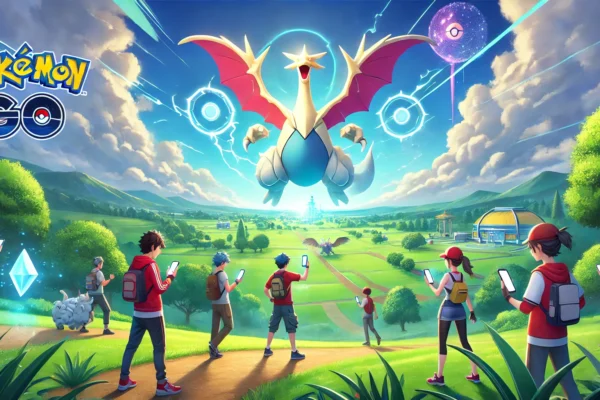 Pokémon Go Raid Schedule with trainers battling legendary Pokémon in a scenic outdoor location.