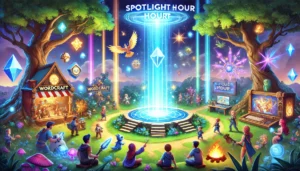 Spotlight Hour event in Wordcraft with glowing in-game elements and excited players participating in a virtual event.