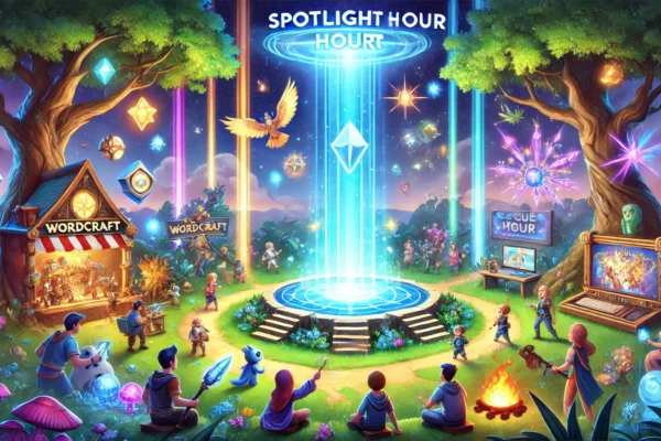 Spotlight Hour event in Wordcraft with glowing in-game elements and excited players participating in a virtual event.