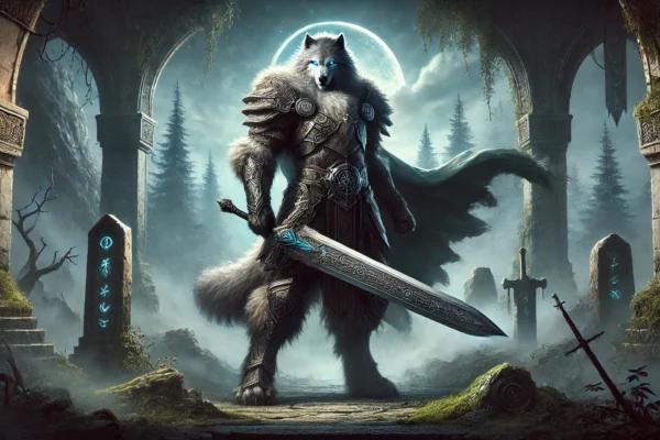 A detailed fantasy-themed scene showcasing Blaidd, a towering half-wolf warrior, holding a massive sword in a mystical forest.