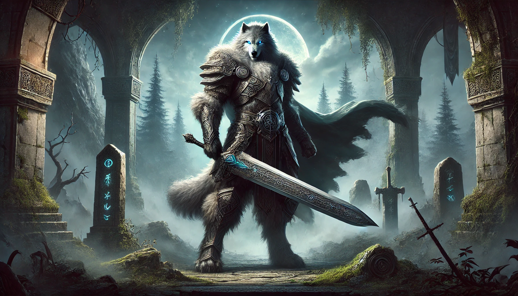 A detailed fantasy-themed scene showcasing Blaidd, a towering half-wolf warrior, holding a massive sword in a mystical forest.