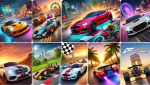 A vibrant collection of car games showcasing racing cars, driving simulators, and arcade-style vehicles in action.