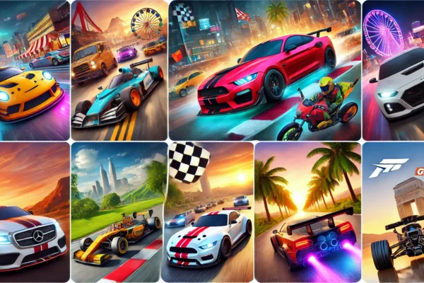 A vibrant collection of car games showcasing racing cars, driving simulators, and arcade-style vehicles in action.