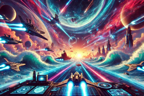 A vibrant space waves game showcasing spaceships, cosmic waves, and galactic battles in action.