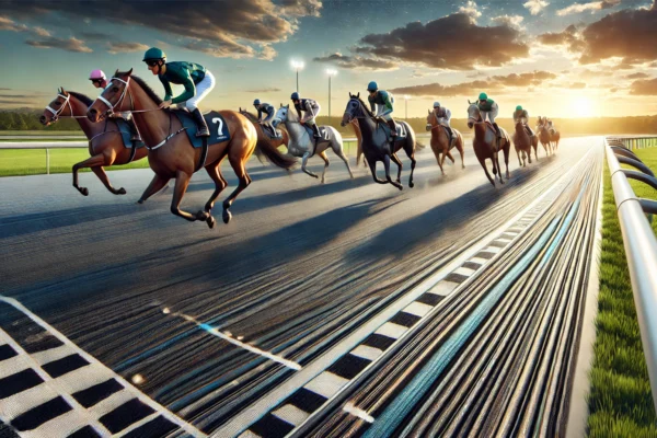 A modern polytrack horse racing surface with jockeys riding during a race.