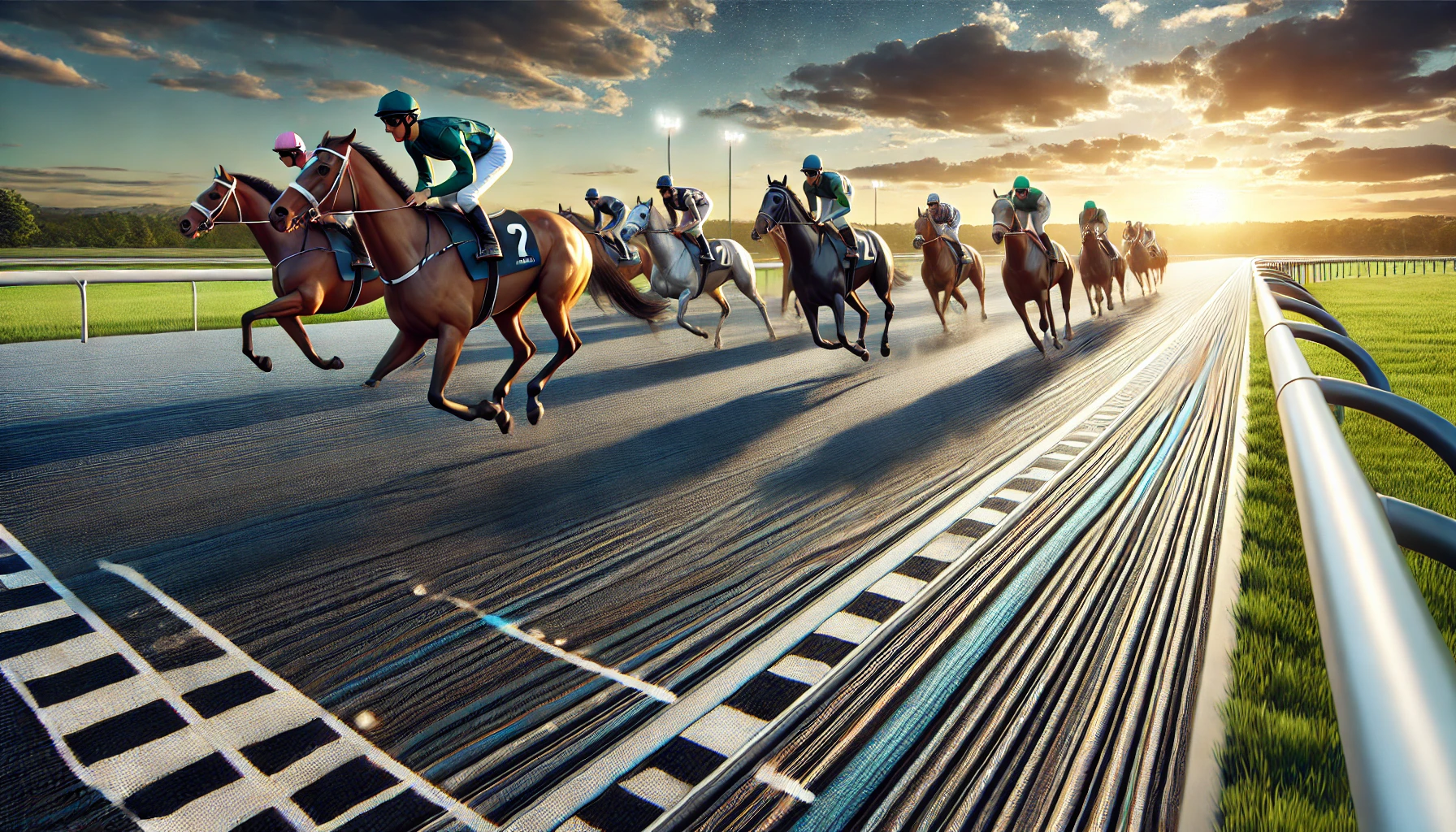 A modern polytrack horse racing surface with jockeys riding during a race.