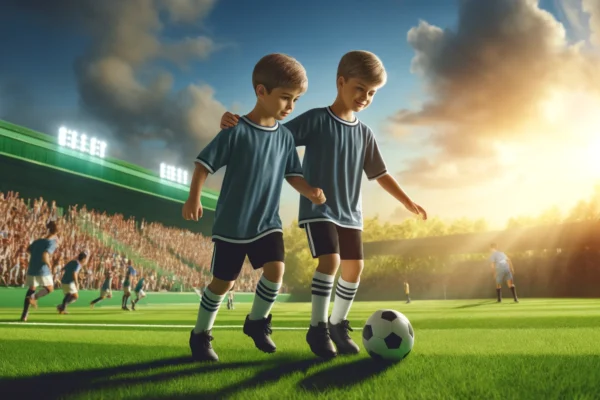 Soccer Bros playing together on a soccer field, showcasing teamwork and sibling bonding.