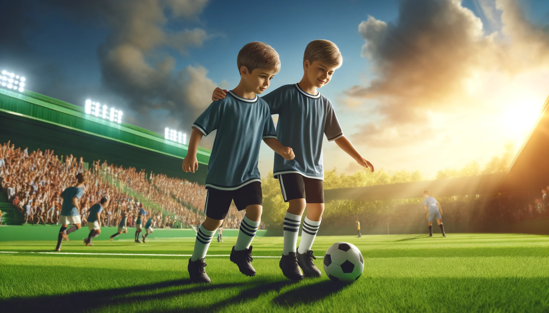 Soccer Bros playing together on a soccer field, showcasing teamwork and sibling bonding.