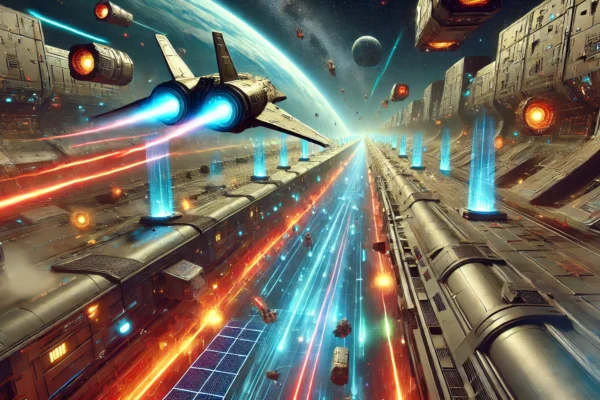 A spaceship navigating a sci-fi trench with laser beams and obstacles in X Trench Run.