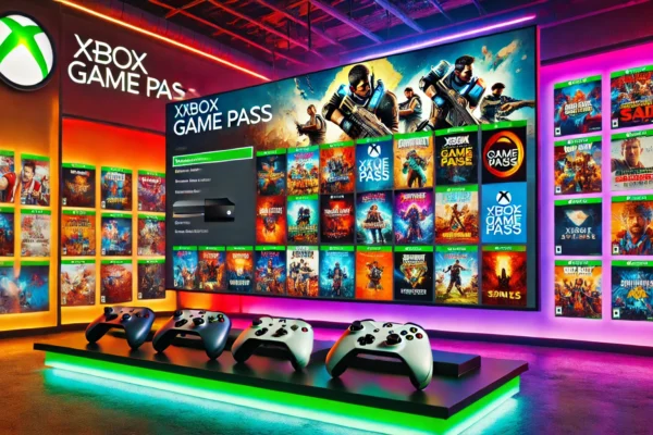 A collection of diverse video games on Xbox Game Pass showcasing action, adventure, and strategy genres on a gaming setup.