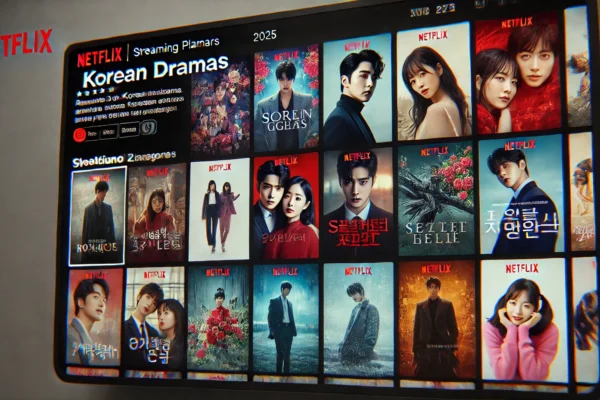 Netflix showcasing a lineup of K-dramas for 2025 with vibrant posters, top Korean actors, and a sleek streaming interface.