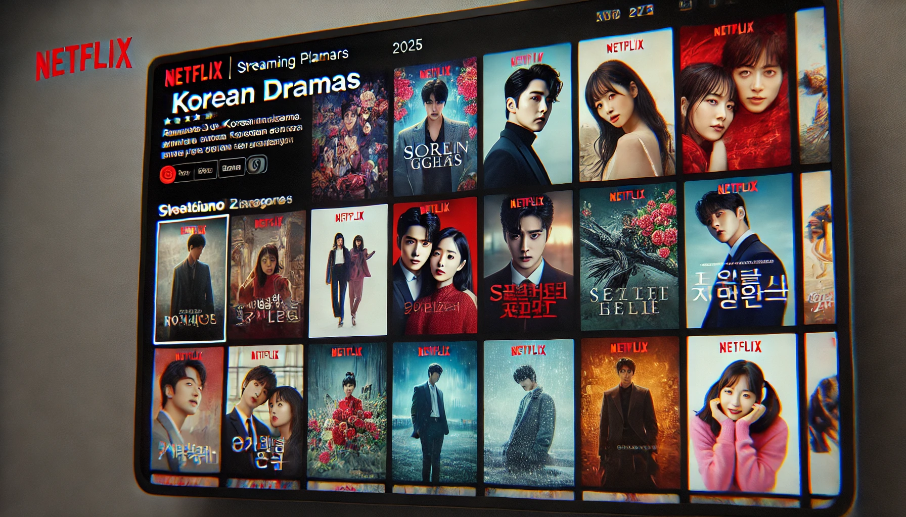 Netflix showcasing a lineup of K-dramas for 2025 with vibrant posters, top Korean actors, and a sleek streaming interface.