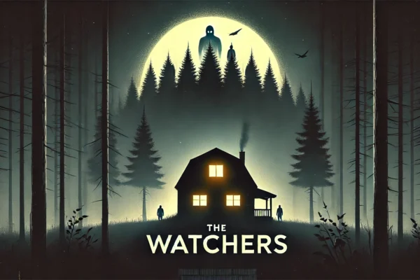 The Watchers movie poster featuring a dark forest, mysterious figures in shadows, and a suspenseful cinematic theme.