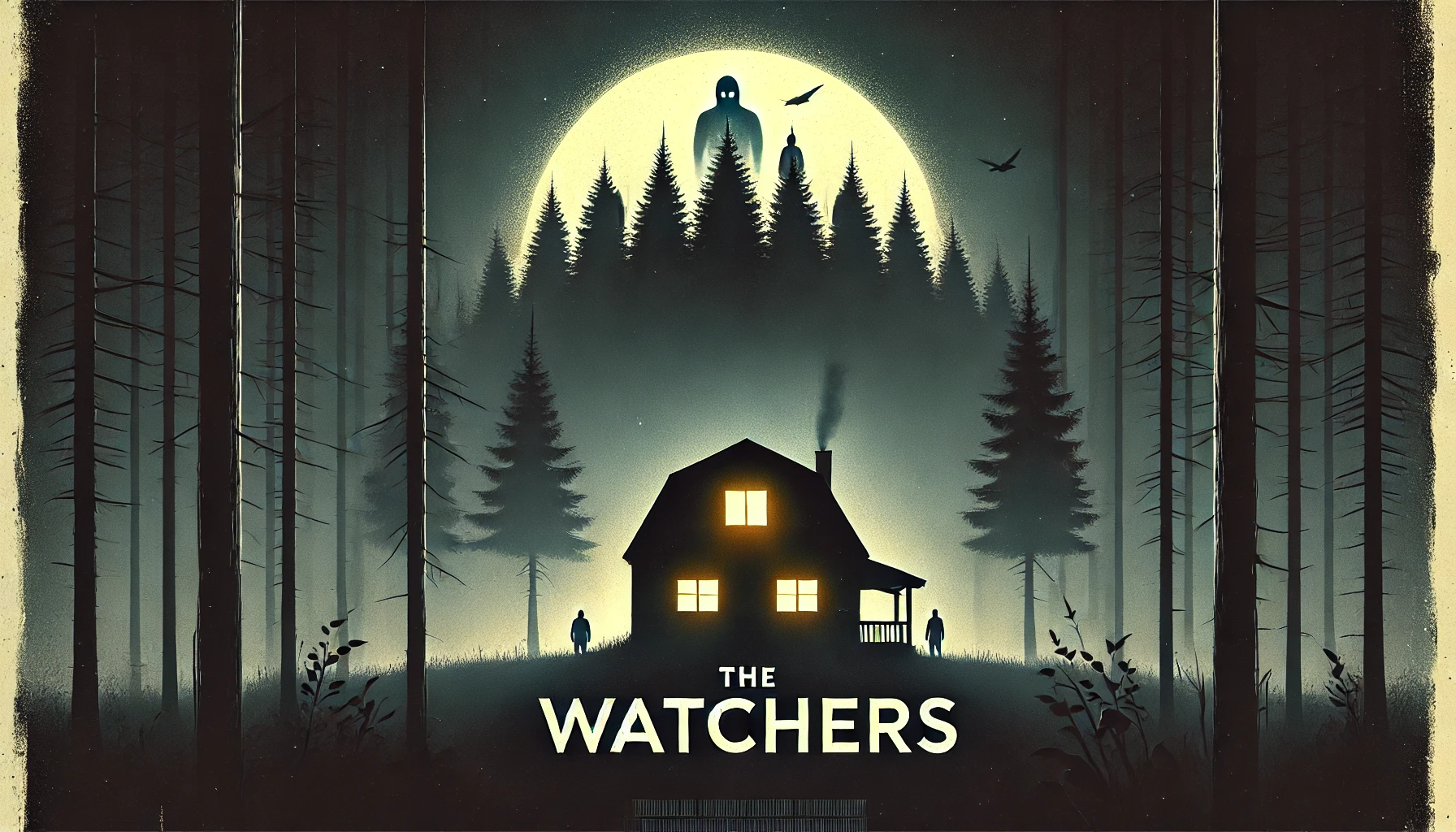 The Watchers movie poster featuring a dark forest, mysterious figures in shadows, and a suspenseful cinematic theme.