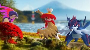 A scenic outdoor adventure featuring Pokémon Go gameplay with players exploring historic landmarks and catching Pokémon.